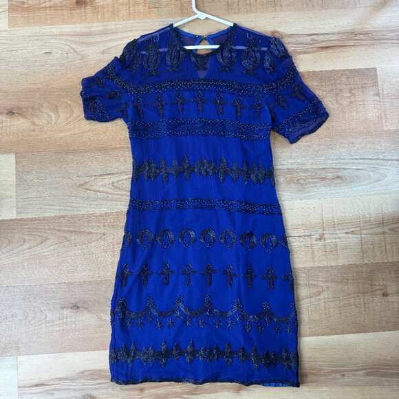 Vintage 1980s Blue Beaded Silk Dress - Picture 2 of 12